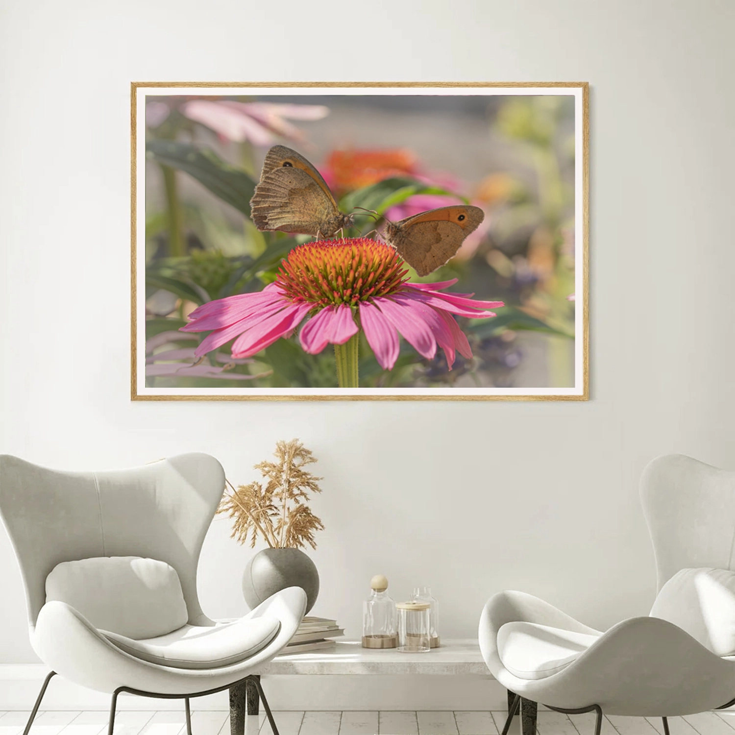 Meadow Brown Pair on Pink Echinacea frame